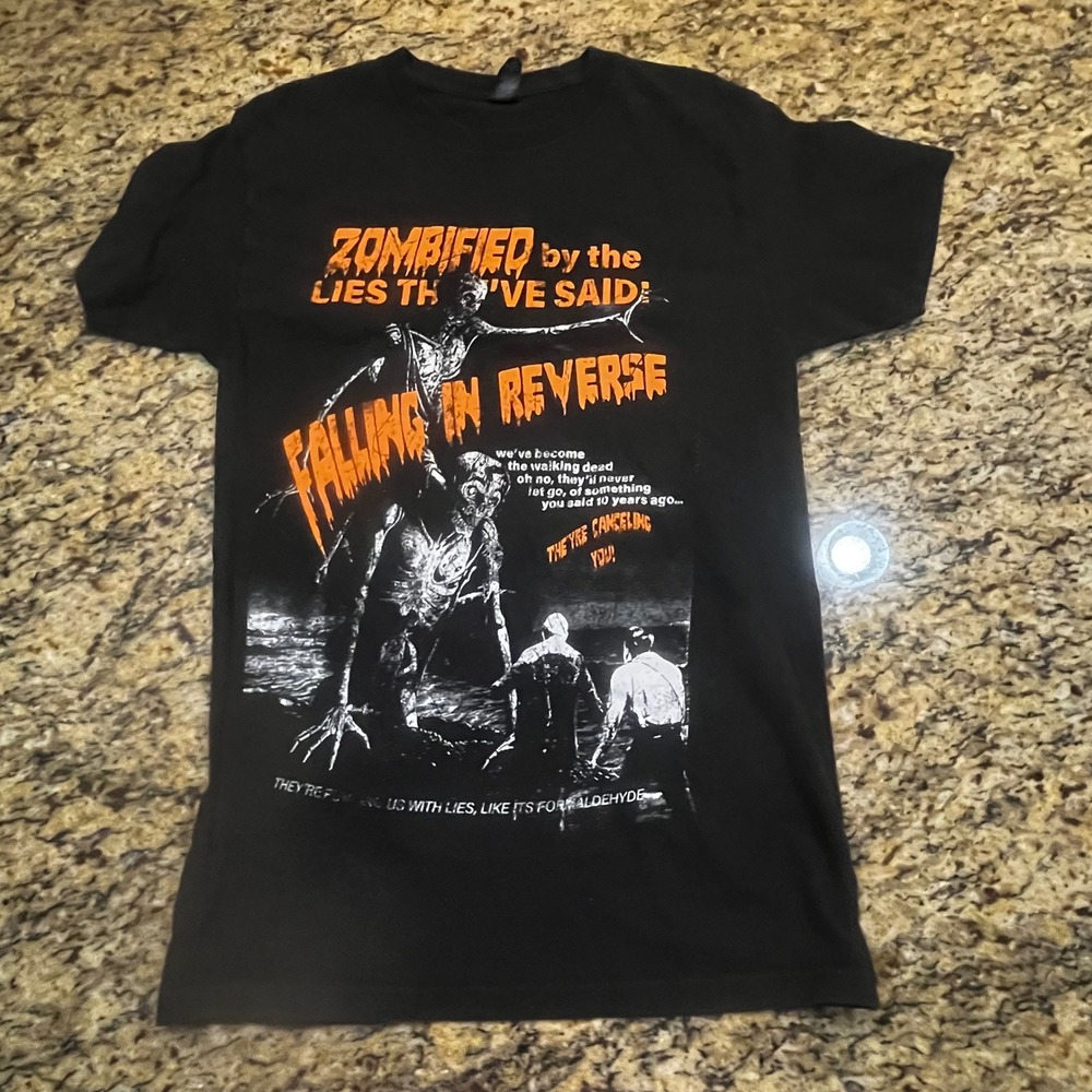 Falling In Reverse Zombified Band T-Shirt Mens Small Black Orange Graphic Tee